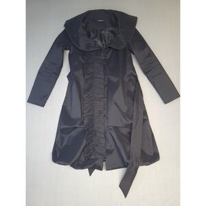 Samuel Dong Ruffle Trim Coat Belted Lined Jacket Dress Full Zip Black Size Small